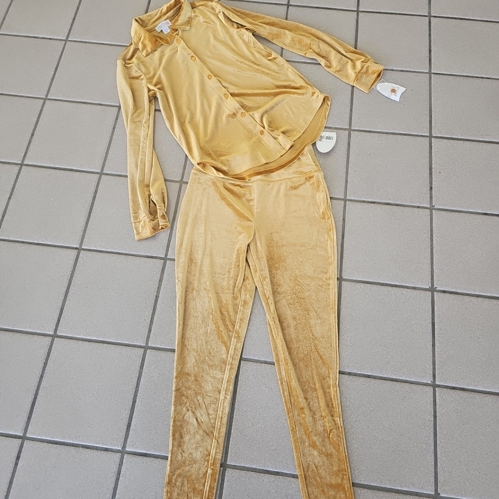 NWT Girls L(14) Gold Velour Shacket Shirt & High Rise Legging Colorful Planet